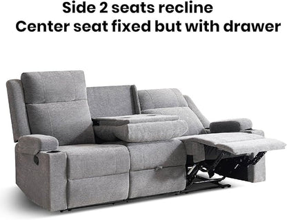 75'' Manual Reclining Sofa with Storage Drawer, 3 Seat Wall Hugger Recliner Couch with Cup Holders, Side Pockets, Chenille Fabric, Compact 3-Person Recliner for RV, Living Room, Apartment (Grey)