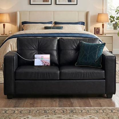 TYBOATLE 65" Faux Leather Loveseat for Living Room, Comfy Mid-Century Modern Tufted Black Loveseat w/USB Charging Ports and Wide Arms, 2 Seater Office Small Couch for Small Space Bedroom