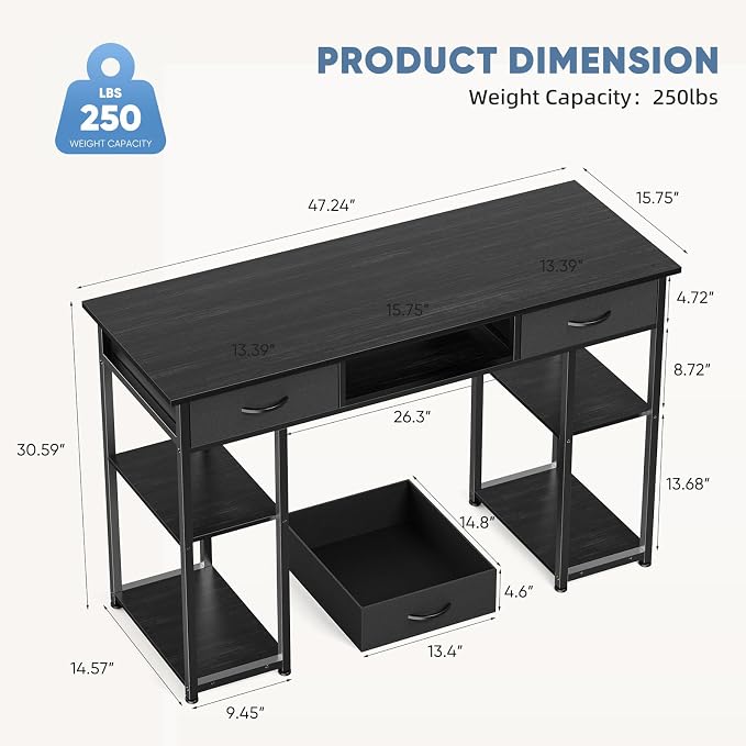 DUMOS 48" Small Computer Home Office Desk for Bedroom with Drawers, Gaming Writing Study Table with Storage Shelf, Adjustable Feet, Compact Desk for Gaming and Home Office Use, Black