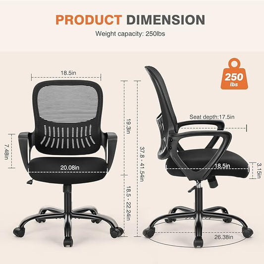 Sweetcrispy Home Office Managerial Executive Chair with Ergonomic Design, Mid-Back Mesh Swivel, Comfortable Lumbar Support, Comfy Arms for Bedroom,Study,Student, Black