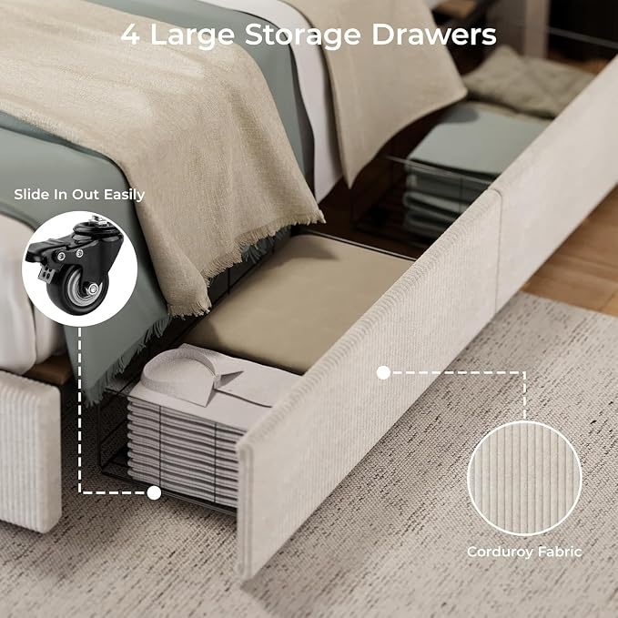 GAOMON Corduroy Queen Bed Frame with Headboard, Platform Upholstered Bed Frame with 4 Storage Drawers and Wooden Slats Support, No Box Spring Needed, Beige
