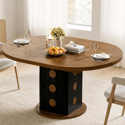 43"-59" Extendable Round Dining Table for 4-8, Oval Kitchen Table with Hidden Storage, Modern Farmhouse Wooden Dining Room Table for Kitchen Living Room, Walnut