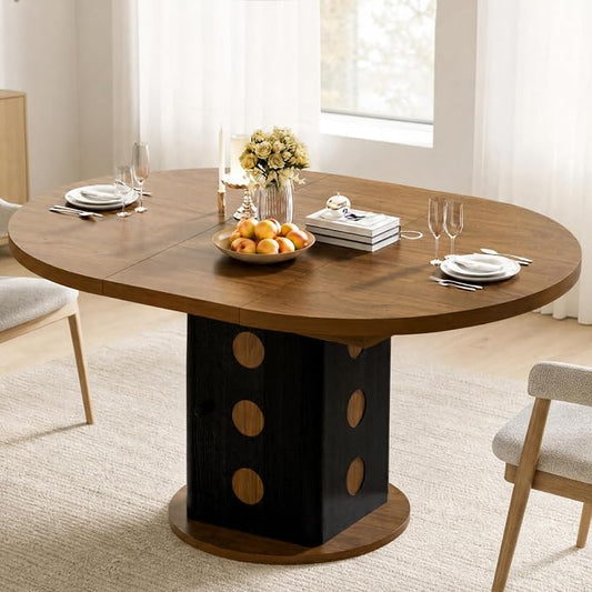 43"-59" Extendable Round Dining Table for 4-8, Oval Kitchen Table with Hidden Storage, Modern Farmhouse Wooden Dining Room Table for Kitchen Living Room, Walnut