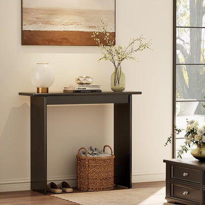 AQIMUELE Black Console Table Thin Rubberwood Minimalist Mid-Century Style | Stable and Sturdy 11.8" D x 39.4" W x 31.5" H for Entryway/Sofa Back