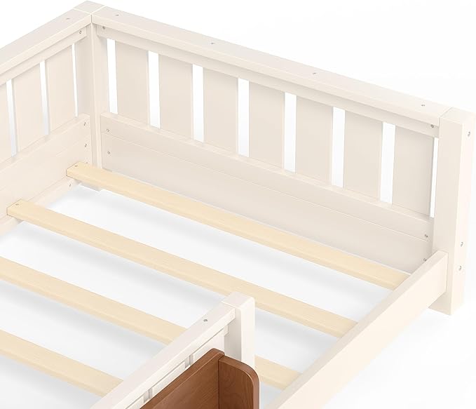 Bellemave Twin Size Montessori Floor Bed with Rails and Slats, Twin Size Floor Bed with Bookshelf and Fence, Low Profile Montessori Beds Frame for Girls, Boys, Beige