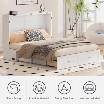 ijuicy Queen Murphy Cabinet Bed, with Mattress, Storage & Charge, White | Queen Murphy Bed Built-in multifunctional charging station & storage drawers, space-saving foldaway design for guest room.