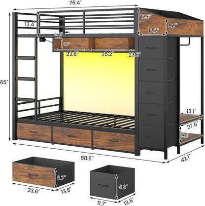 VIAGDO Bunk Bed Twin Over Twin with 8 Storage Drawers and Power Outlets, LED Twin Bunk Beds with Hall Tree and Shelves, Metal Bunk Beds with Safety Guardrail & Ladder for Dorms, Kids, Black
