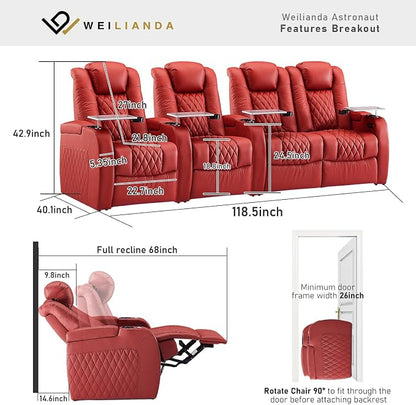 Weilianda Home Theater Seating Top Grain Leather Zero Gravity Recliner Chair Power Headrest Recline Movie Seat Gaming 7 Colors Mood Light Sofa with Tray Table USB Charge Row of 4 Loveseat Right Red
