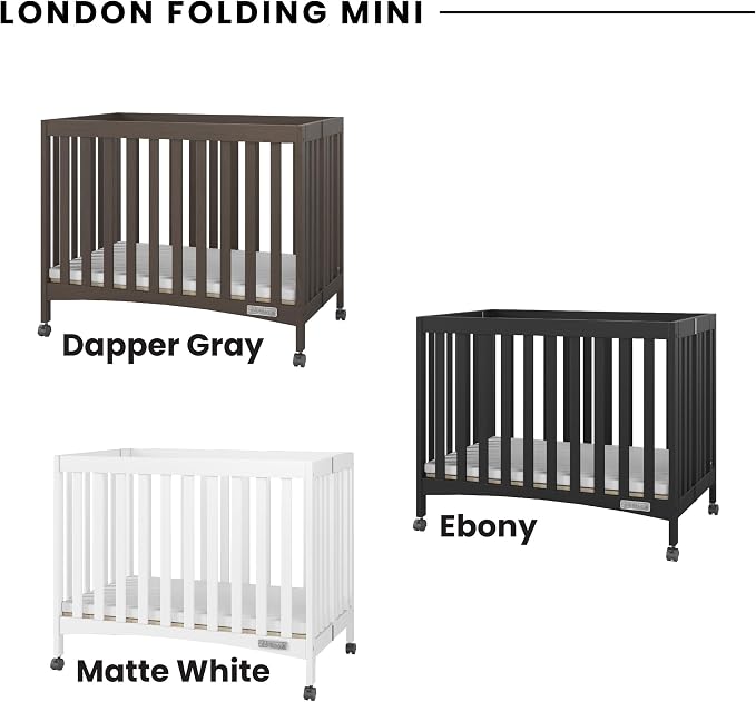 Child Craft London Mini Compact Folding Portable Crib with 2” Crib Mattress and 2 Easy Roll Locking Wheels, Durable Pine Wood Construction (Ebony Black)