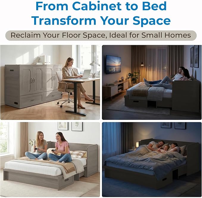 Mjkone Queen Size Murphy Cabinet Bed with Mattress Include, Queen Cube Cabinet Bed with Storage Drawer, Modern Murphy Beds with USB Charging Station for Guest Room Living Room Apartment, Grey