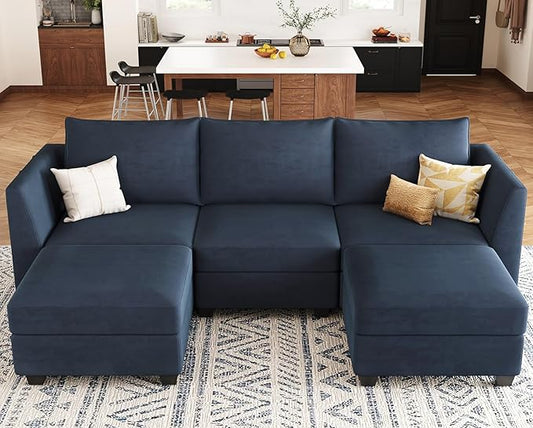 Belffin Modular Sectional Sofa with Double Chaise Velvet U Shaped Sofa Reversible Sectional Couch with Storage Blue