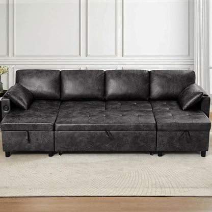 110 inches Suede Leather Sleeper Sofa w/Pull Out Bed, U-Shape Sectional Sofa Bed w/Adjustable Backrest and Storage Chaises, 4-Seats Upholstered Sofa Bed w/USB Port for Living Room, Black