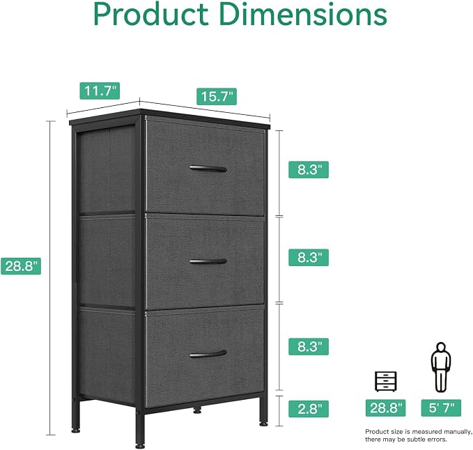AODK Dresser for Bedroom Nightstand Small Dressers Chest of Drawers End Table for Living Room, Closet Dresser with 3 Storage Drawers Organizer Clothes, Dark Grey