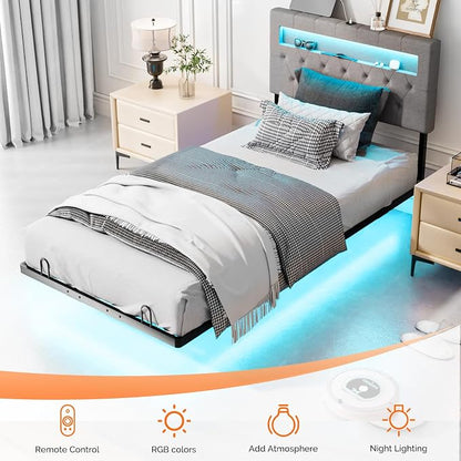 VINGLI Twin Floating Bed Frame with Headboard Heavy Duty Metal Frame, Storage Shelf, LED Lights Charging Station, Modern Platform Bed, Adjustable Headboard, No Box Spring Needed, Grey