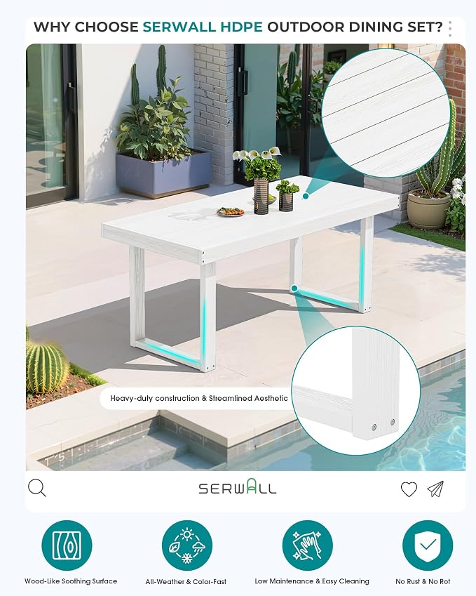 SERWALL HDPE Outdoor Dining Set for 6, 67'' Patio Table and Chairs Set | with Armchair Seat