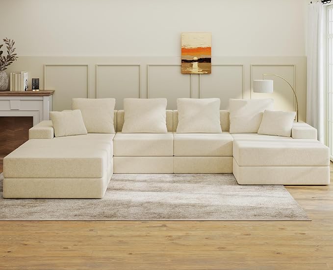 Living&Giving 128" U-Shaped Cloud Sectional Couch for Living Room, Cloud Boneless Couch-No Assembly with Reversible Chaise, Customizable 4-Seat Modular Sectional Sofa with 3 Ottoman, Beige