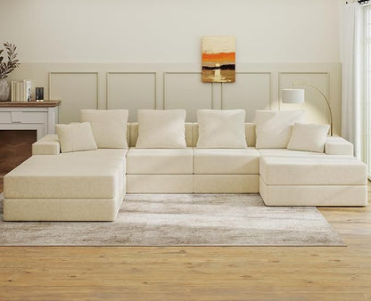 Living&Giving 128" U-Shaped Cloud Sectional Couch for Living Room, Cloud Boneless Couch-No Assembly with Reversible Chaise, Customizable 4-Seat Modular Sectional Sofa with 3 Ottoman, Beige