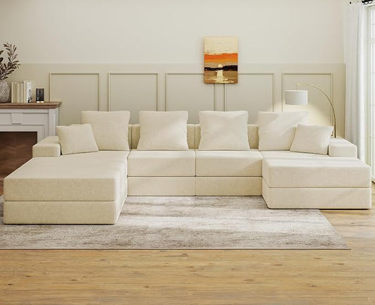Living&Giving 128" U-Shaped Cloud Sectional Couch for Living Room, Cloud Boneless Couch-No Assembly with Reversible Chaise, Customizable 4-Seat Modular Sectional Sofa with 3 Ottoman, Beige