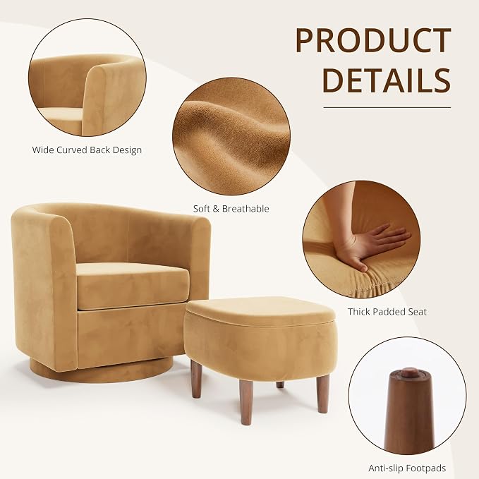 Swivel Accent Chair with Storage Ottoman, Small Modern Velvet Barrel Chair, Upholstered Armchair with Footrest for Living Room/Reading/Bedroom, 24.8'' D x 25.38'' W x 25.6'' H, Yellow