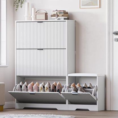 BORNOON Slim Shoe Cabinet with Bench for Entryway, Hidden Storage and Adjustable Shelves, Free Standing Wooden Shoes Organizer for Foyer, Hallway