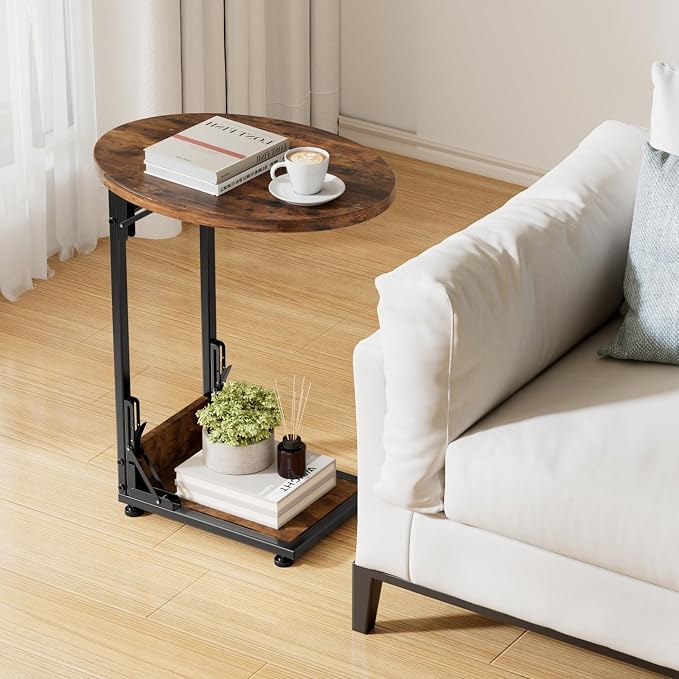 Elbourn Folding Side Table End Couch Tables,Metal Frame C-Shaped TV Stand for Sofa Living Bedroom Bedside Coffee Small Spaces(Vintage Wood Color)