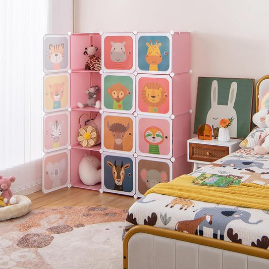 HONEY JOY Kids Wardrobe Closet, Baby Cartoon Clothes Storage Organizer, 12 Cubes & 2 Hanging Sections, Portable Children DIY Modular Bedroom Armoire Dresser Cabinet for Boys Girls (Pink)