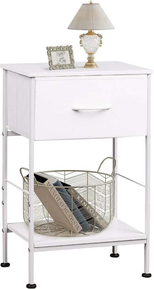 WLIVE Small White Nightstand with Drawer, Fabric Bedside Table, 25.03'' H | Night Stand with Wood Open Shelf, Small Bed Side Table for Bedroom, Dorm, Small Space, Easy Assembly