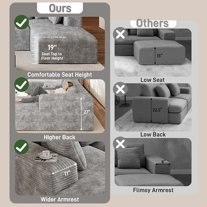 143" Oversized U Shaped Cloud Sectional Couches for Living Room, Comfy Fluffy Corduroy Grey Boneless Couch, Large Modular Sectional Sofa Set with Chaise, Cup Holder, USB Port, Storage Console
