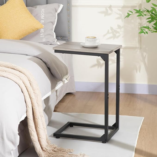 AMHANCIBLE C Shaped End Table Set of 2, Couch Side Table that Slide Under Sofa, Narrow Small Space TV Trays for Living Room, Bedroom, Greige HET02CGY