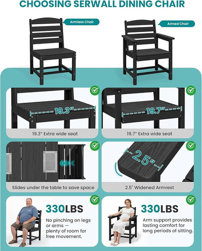 SERWALL Outdoor Dining Sets for 10, HDPE Dining Set with 2 Tables, 8 Armless Chairs and 2 Armed Dining Chairs, Black