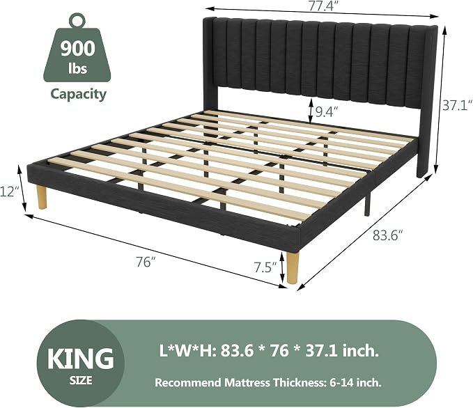 alazyhome Platform Bed Frame King Size with Upholstered Headboard, Solid Wood Slats Support, No Box Spring Needed, Noise Free, Easy Assembly, Modern Fabric Bed, Black