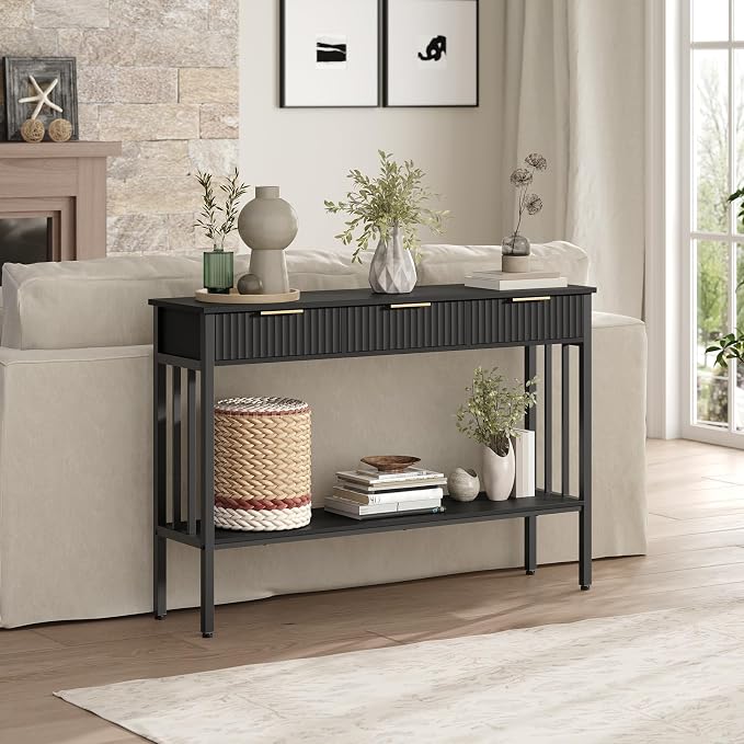 MAHANCRIS Console Table with 3 Drawers, Narrow Long Entry Table with Storage Shelf, 2-Tier Fluted Entryway Table, for Entryway, Living Room, Foyer, Hallway, Office, Black and Gold CTHB5201