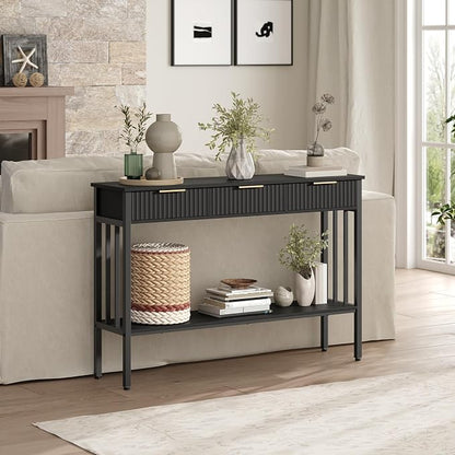 MAHANCRIS Console Table with 3 Drawers, Narrow Long Entry Table with Storage Shelf, 2-Tier Fluted Entryway Table, for Entryway, Living Room, Foyer, Hallway, Office, Black and Gold CTHB5201