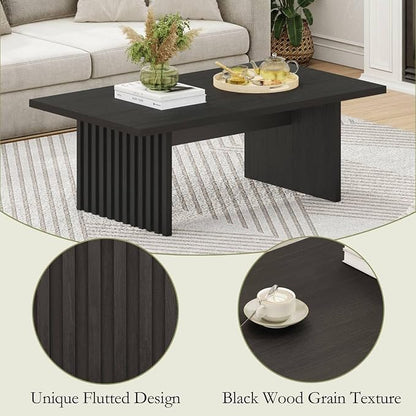 BON AUGURE Coffee Tables for Living Room, 47 Inch Modern Living Room Table, Rectangular Coffee Table with Spacious Tabletop, Slatted Panel Center Tables Centerpiece, Black Oak