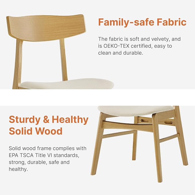 KISLOT Wooden Dining Chairs Set of 4, Upholstered Modern Dining Room Chairs, Mid Century Oak Kitchen Chairs with Curved Wood Backrest for Farmhouse, Restaurant, Café (Cream Fabric & Original Color)