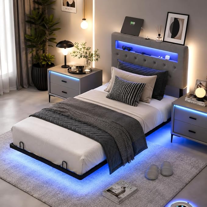 VINGLI Twin Floating Bed Frame with Headboard Heavy Duty Metal Frame, Storage Shelf, LED Lights Charging Station, Modern Platform Bed, Adjustable Headboard, No Box Spring Needed, Grey