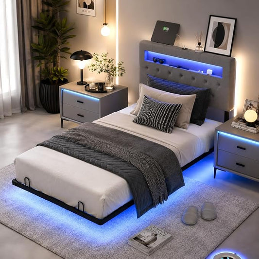 VINGLI Twin Floating Bed Frame with Headboard Heavy Duty Metal Frame, Storage Shelf, LED Lights Charging Station, Modern Platform Bed, Adjustable Headboard, No Box Spring Needed, Grey