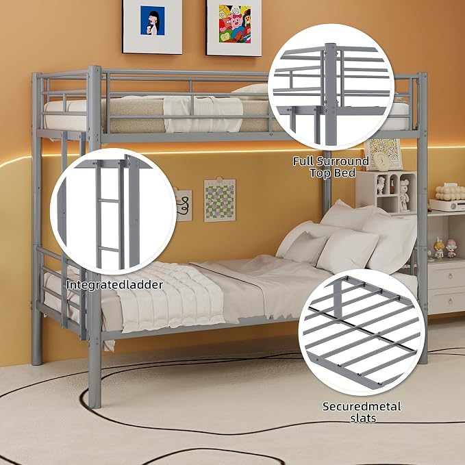 HRVEOCEI 2-Way Convertible Twin Over Twin Bunk Bed with Guardrail & Ladders, Metal Low Bunkbed for Kids Boys Girls, Heavy Duty, No Box Spring Needed, Space-Saving (Silver, No Trundle)