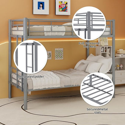 HRVEOCEI 2-Way Convertible Twin Over Twin Bunk Bed with Guardrail & Ladders, Metal Low Bunkbed for Kids Boys Girls, Heavy Duty, No Box Spring Needed, Space-Saving (Silver, No Trundle)