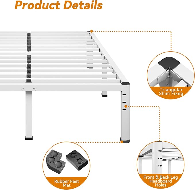 NKZ King Platform Bed Frame, 20 Inch Metal Bed Frame with Storage Space, No Box Spring Needed, Easy Assembly, Noise Free, 3,500 lbs Heavy Duty Steel Slats Support