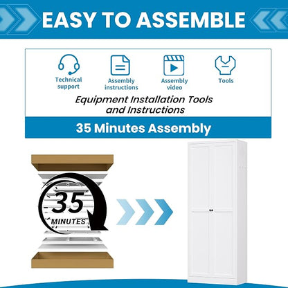 72" H White Metal Kicthen Pantry Storage Cabinet 6-Tier Cupboard | Storage Cabinet with 5 Adjustable Shelves for Kitchen, Living Room, Heavy Duty Utility Cabinet, Assembly Require