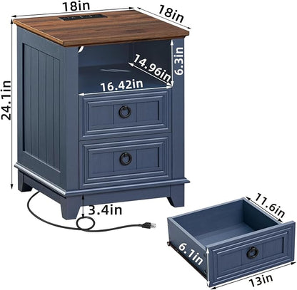 Joaxswe 18" Farmhouse Night Stand with Charging Station, 2 Drawers End Table Dresser for Bedroom, Blue Wooden Nightstand, Bed Side Table with Open Shelf, Bedside Cabinet for Living Room, Closet