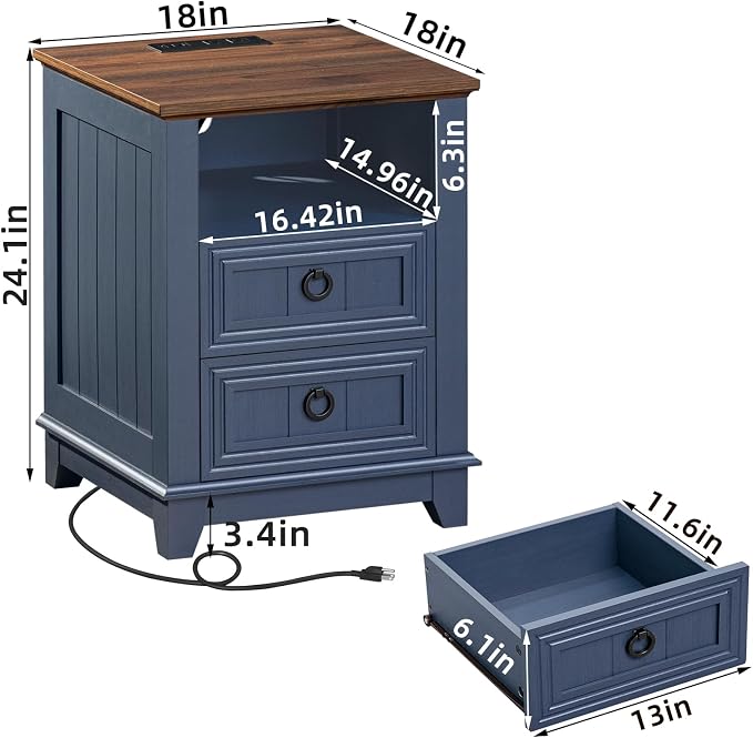 Joaxswe 18" Farmhouse Night Stands Set of 2 with Charging Station, 2 Drawers End Table Dresser for Bedroom, Blue Wooden Nightstand, Bed Side Table with Open Shelf, Bedside Cabinet for Living Room