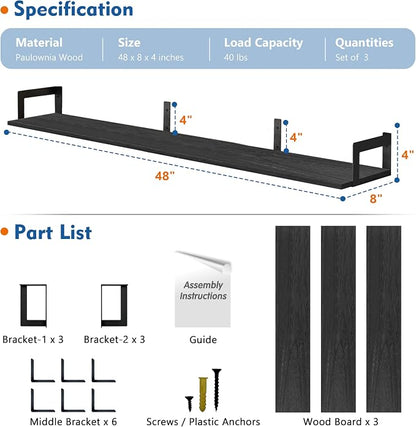 Harwaya 48 Inch Floating Shelves for Wall Set of 3, Long Wall Book Shelves for Bedroom Living Room, Large Vintage Floating Bookshelf for Office Classroom Library Kitchen Closet Organizer (Black)