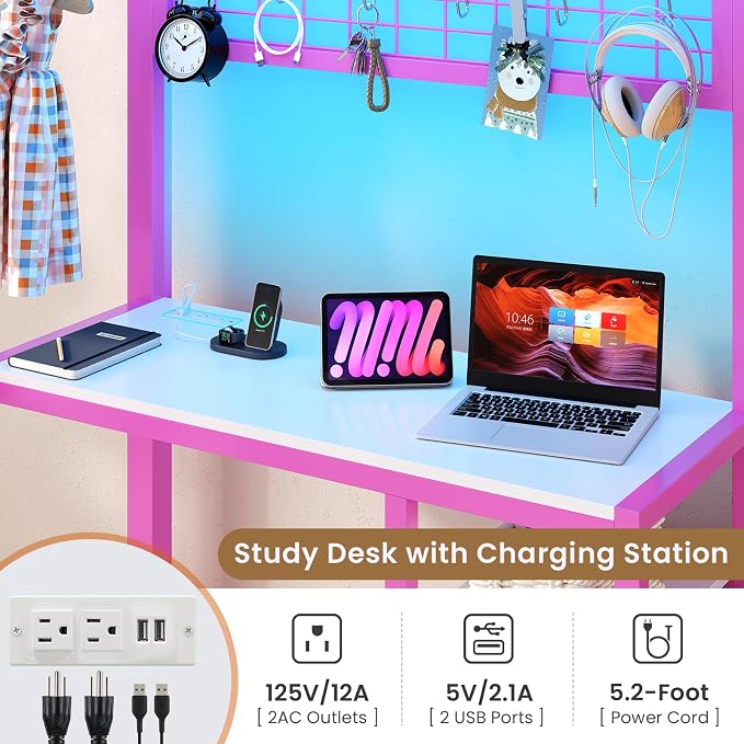 DICTAC Bunk Bed Twin Over Twin with Desk and Storage Metal L-Shaped Bunk Beds with Led Lights & Charging Station,Pink bunk Beds for Kids with Safety Guardrail and Ladder,Girls Bed,No Box Spring Needed