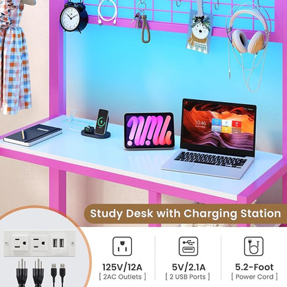 DICTAC Bunk Bed Twin Over Twin with Desk and Storage Metal L-Shaped Bunk Beds with Led Lights & Charging Station,Pink bunk Beds for Kids with Safety Guardrail and Ladder,Girls Bed,No Box Spring Needed