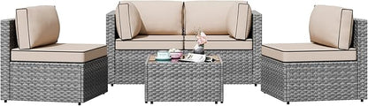 Patio Furniture Sets, 5 Piece Outdoor Sectional Sofas, Wicker Rattan Outdoor Furniture Patio Conversation Set, All-Weather PE Rattan Outdoor Couch for Backyard, Garden, Gray & Khaki