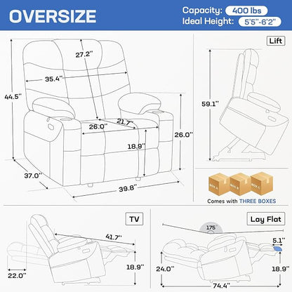 Tami Tami Dual Motor Power Lift Chair Recliner for Elderly with Massage and Heat, Infinite Position Electric Lift Recliner with USB A&C, Cup Holders (T6012 - Chenille Fabric, Blue, Oversized)