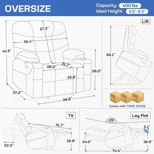 Tami Tami Dual Motor Power Lift Chair Recliner for Elderly with Massage and Heat, Infinite Position Electric Lift Recliner with USB A&C, Cup Holders (T6012 - Chenille Fabric, Blue, Oversized)