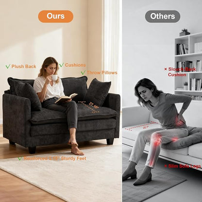 50'' Loveseat Sofa Cloud Sofa Couch, Modern Loveseats 2 Seat Couch 27" Deep Seat with 2 Pillows for Small Spaces Apartment Studio Office Bedroom Living Room, Black